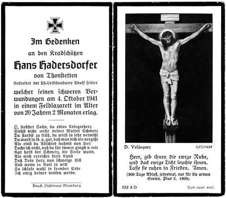 Sterbebildchen Hans Hadersdorfer *1921 †04.10.1941