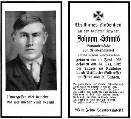 Sterbebildchen Johann Schmid *10.06.1922 †14.12.1942