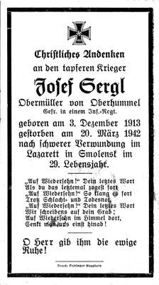 Sterbebildchen Josef Sergl *03.12.1913 †20.03.1942