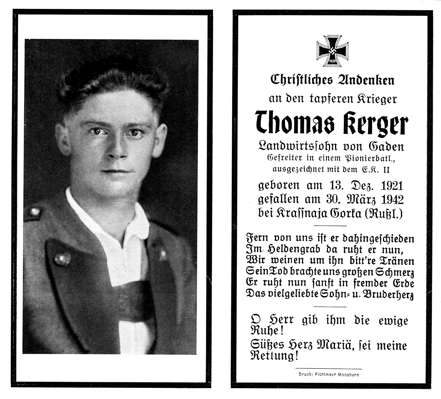 Sterbebildchen Thomas Kerger *13.12.1921 †30.03.1942
