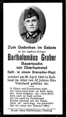 Sterbebildchen Bartholom�us Gruber *1911 †26.04.1943