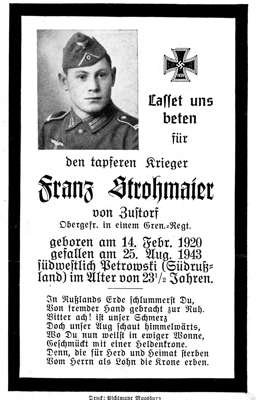 Sterbebildchen Franz Strohmaier *14.02.1920 †25.08.1943