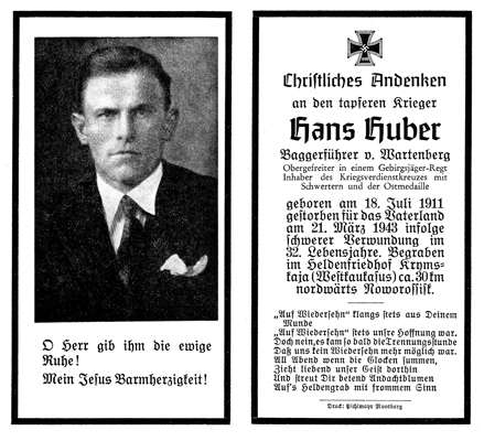 Sterbebildchen Hans Huber *18.07.1911 †21.03.1943