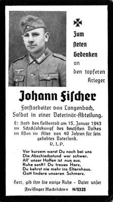 Sterbebildchen Johann Fischer *1903 †15.01.1943