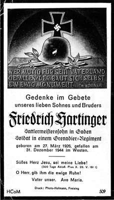 Sterbebildchen Friedrich Hartinger *27.03.1926 †31.12.1944