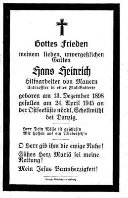 Sterbebildchen Hans Heinrich *13.12.1898 †24.04.1945