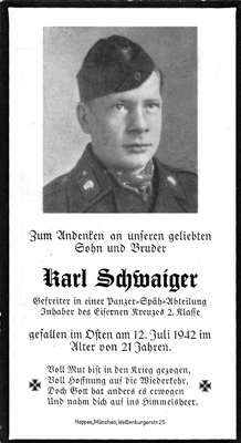Sterbebildchen Karl Schwaiger *1921 †12.07.1942