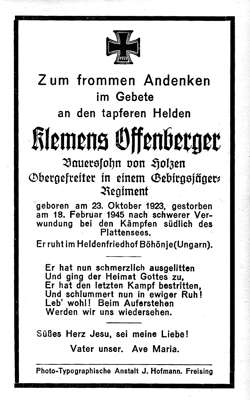 Sterbebildchen Klemens Offenberger *23.10.1923 †18.02.1945