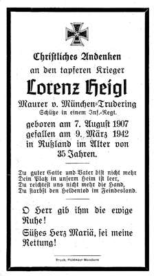 Sterbebildchen Lorenz Heigl *07.08.1907 †09.03.1942