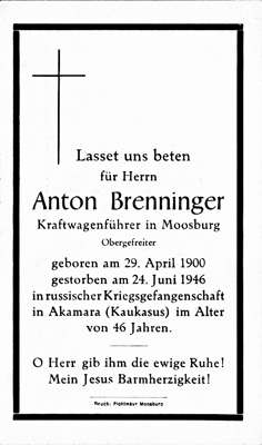 Moosburg Sterbebildchen Anton Brenninger, *29.04.1900 †24.06.1946