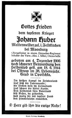 Sterbebildchen Johann Huber, *04.12.1906 †18.06.1944