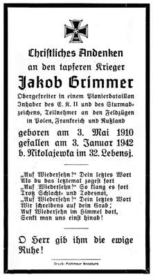 Sterbebildchen Jakob Grimmer, *03.05.1910 †03.01.1942