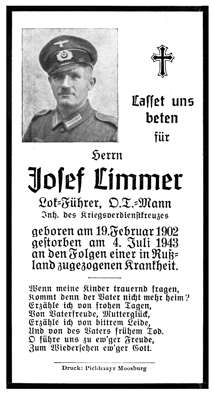 Sterbebildchen Josef Limmer, *19.02.1902 †04.07.1943