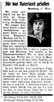 Nachruf Otto Ordung, *23.03.1921 †26.02.1942