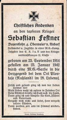 Sterbebildchen Sebastian Festner *23.09.1914 †23.01.1942
