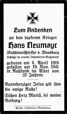 Sterbebildchen Hans Neumayr *06.04.1918 †19.11.1941
