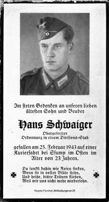Sterbebildchen Hans Schwaiger *1920 †23.02.1943