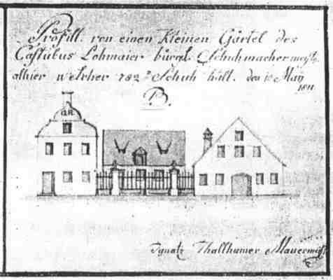 Moosburg Weingraben, Zeichnung 1811, von Maurermeister Ignaz Thallhammer