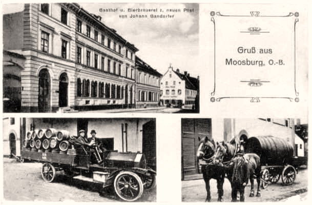 Gruss aus Moosburg, Gasthof und Bierbrauerei Neue Post, Postkarte um 1900