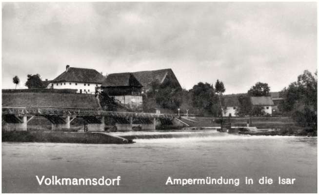 Volkmannsdorf, Amperm�ndung in die Isar, Ausschnitt Postkarte 27.02.1933