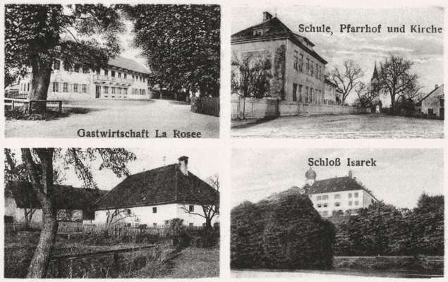 Postkarte 1929, Ausschnitte Gastwirtschaft La Ros�e, Schule, Pfarrhof und Kirche, Ligeter,  Schlo� Isareck