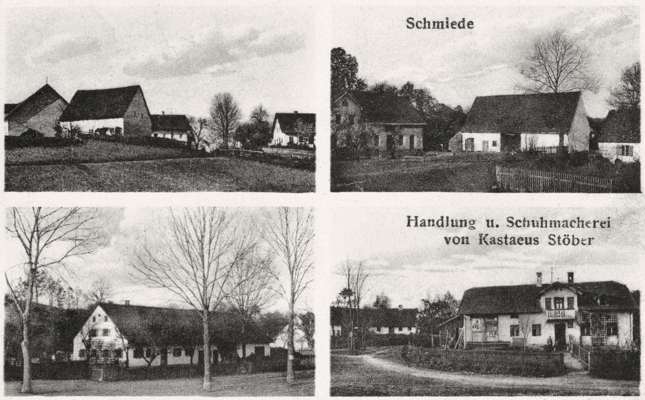 Postkarte 1929, Ausschnitte Bauer am Berg, Schmiede, Hof zur Schmiede, Handlung u. Schuhmacherei von Kastulus St�ber