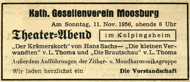 Anzeige zum Theaterabend am 11. November 1956