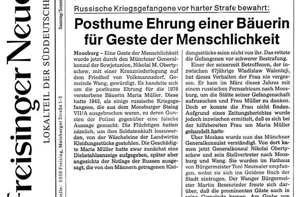 Posthume Ehrung von Maria M�ller, *1906 †1978
