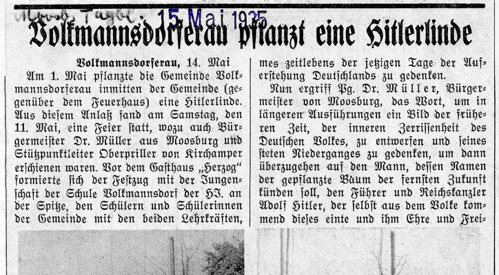 Volkmannsdorferau pflanzt eine Hitlerlinde, Moosburger Tagblatt 15. Mai 1935