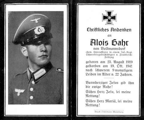 Moosburg Sterbebildchen Alois Gahr. 1941