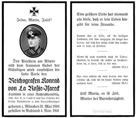 Sterbebildchen Reichsgraf Konrad von La Ros�e. 1941