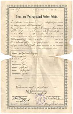 Zeugnis - Entlass Schein Sonn- und Feiertagsschule 16. April 1903