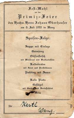 Speisenfolge bei der Primizfeier von Johann Oberhauser am 8. Juli 1928 in Wang