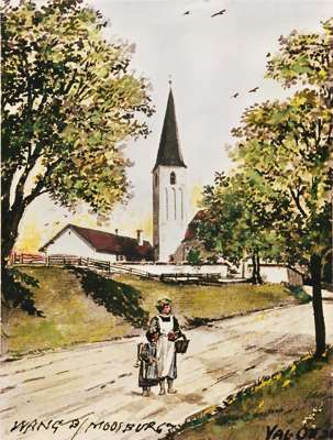 Kirche Wang, Aquarell von Val. Ott 1938
