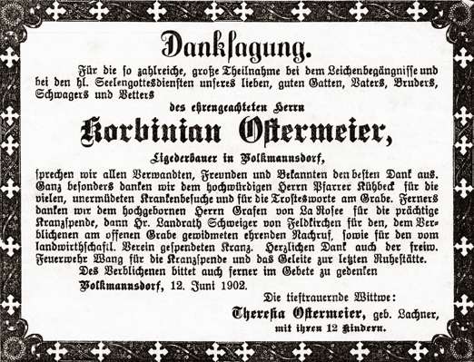 Volkmannsdorf 12. Juni 1902, Danksagung Ligeder-Bauer