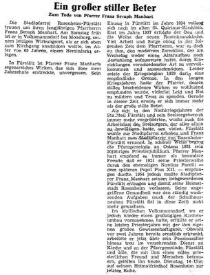Zeitung Dezember 1960 zum Tode von Pfarrer Franz Manhart