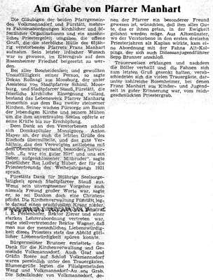 Zeitung Dezember 1960 am Grabe von Pfarrer Manhart
