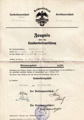 Zeugnis �ber die Landarbeitspr�fung 1939, Ludwig Reith *1923