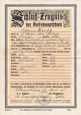 Schlu�-Zeugnis der Volkshauptschule 1938, Katharina Reith *1924