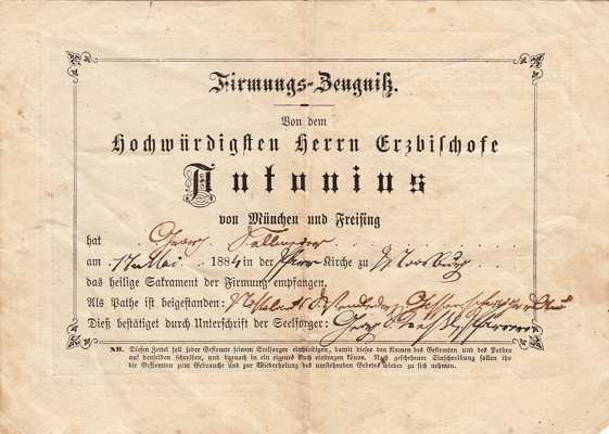 Firmungs-Zeugnis 1884, Georg Sellmaier *5. M�rz 1872 †4. Mai 1951