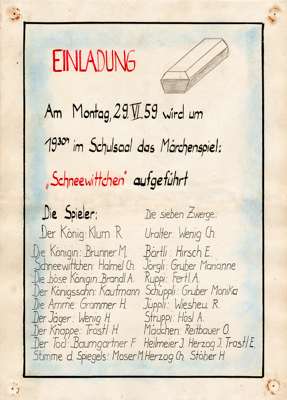 1959, Plakat / Einladung zur Schul-Theater-Auff�hrung des M�rchenspiels Schneewittchen