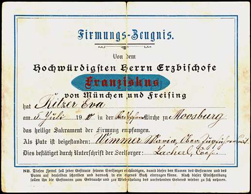 1910 - Firmungs-Zeugnis mit Unterschrift Kooperator Quirin Zacherl