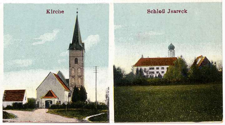 Postkarte 1915, Ausschnitt Kirche und Schlo� Isareck