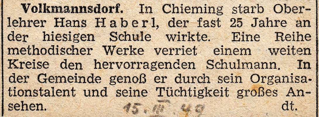 1949, zum Tode von Oberlehrer Hans Haberl