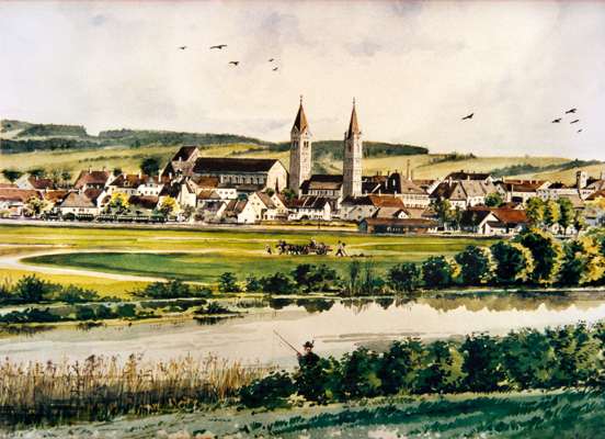 Moosburg von der Amper aus gesehen, Aquarell von Valentin Ott