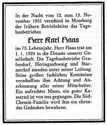 1951 - Nachruf Karl Haas, ehemaliger Betriebsleiter Tagebau