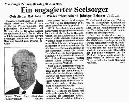 Geistlicher Rat Johann Wieser feiert sein 45-j�hriges Priesterjubil�um