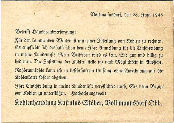 Postwurfsendung 28.06.1948 - von der Kohlenhandlung Kastulus St�ber