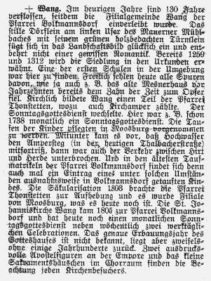 Zeitungsausschnitt 1933 - Wang wurde 1803 der Pfarrei Volkmannsdorf einverleibt