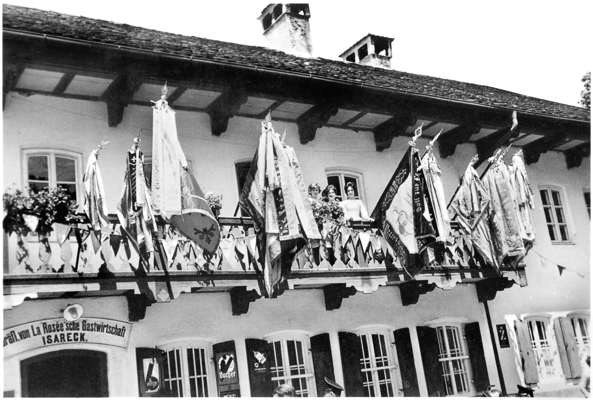 La Ros�e'sche Gastwirtschaft in Isareck, Fahnenweihe der Freiwilligen Feuerwehr Wang am 12.&nbsp;Juni&nbsp;1960 